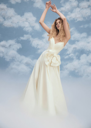 Ivory Pleated Taffeta Slit Unique Wedding Dress